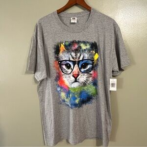 Fruit Lum VTG 2000 Gray Cat In Glasses  Graphic T-Shirt Womens Cotton L NWT
